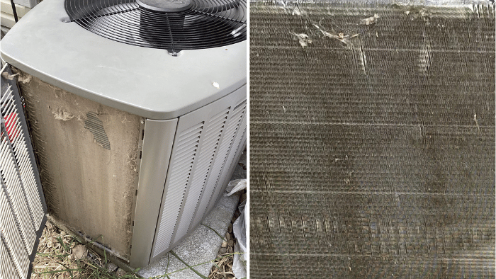 Extremely dirty air conditioner condenser fins blocking airflow