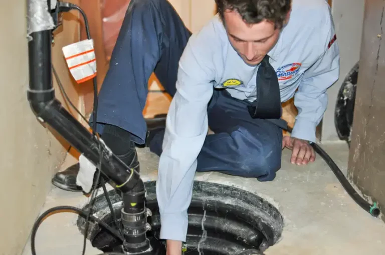 Plumber inspecting sump pump for home flood prevention