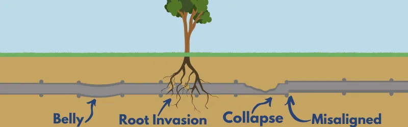 Rusted, Cracked or Collapsing Sewer Pipes, Pipe Belly, Sewer Pipe Root Invasions, Misaligned Sewer Pipe